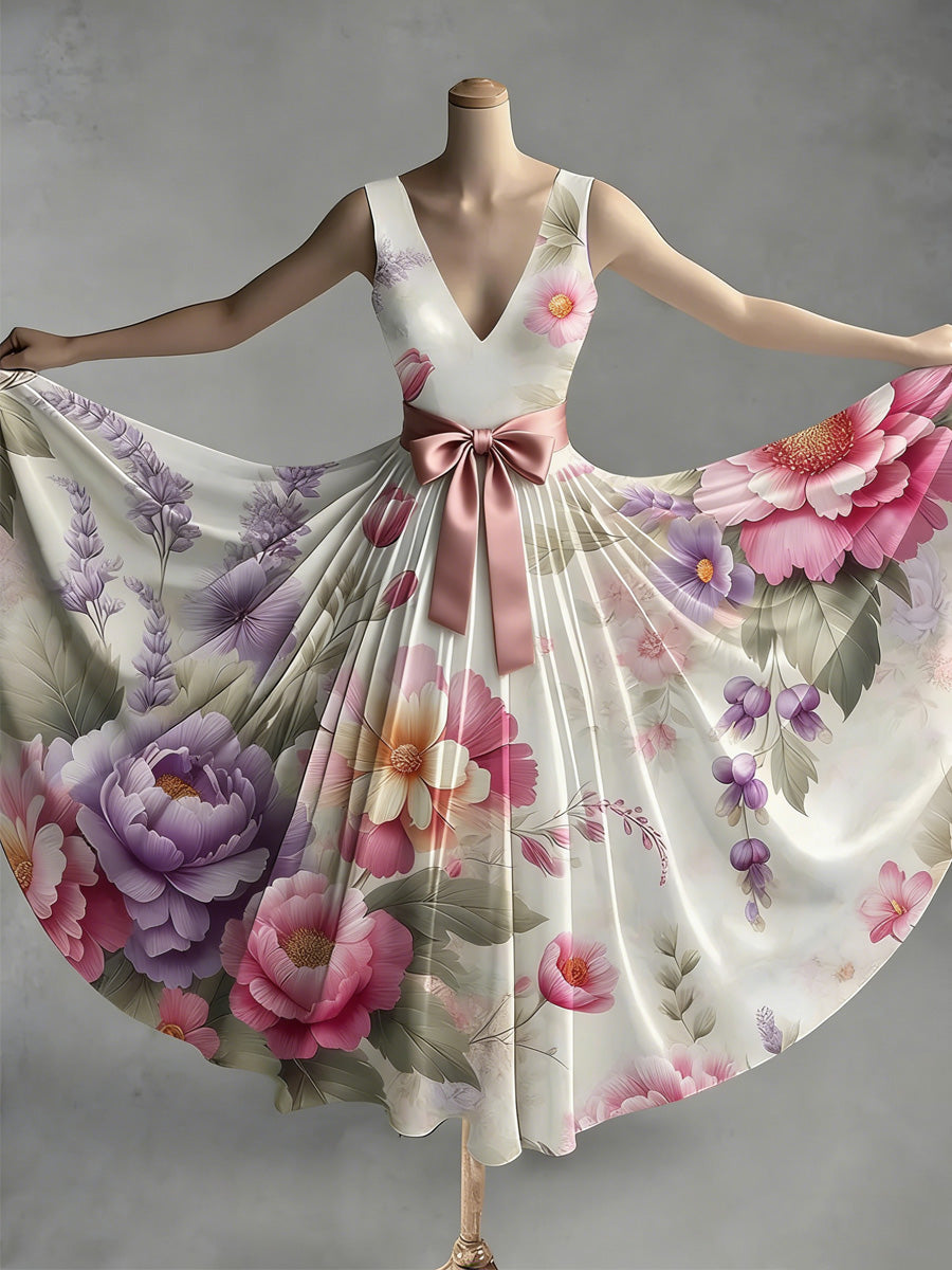 Retro Style Art Print V-Neck Sleeveless Cotton Maxi Dress
